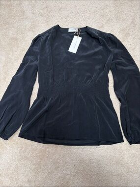 Black Smocked-Waist Long Sleeve Blouse